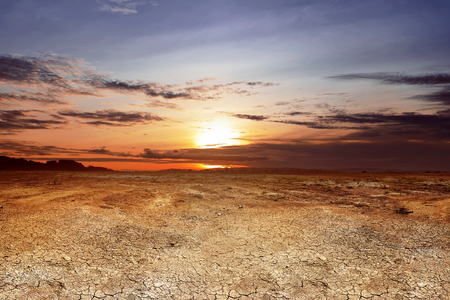 Dry land with cracked ground and dramatic sky at sunsetの写真素材
