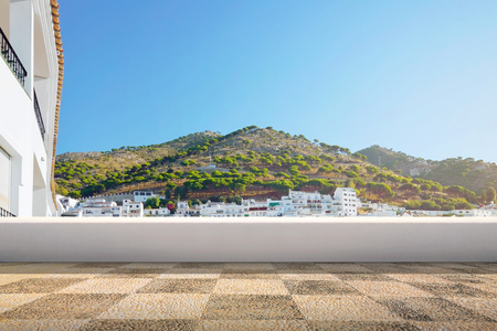 View of villages and mountains valley from balconyの写真素材