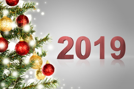2019 number with christmas ornament over gray background. Happy New Year 2019の写真素材