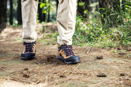 Hiker man with boots walking on the forestの写真素材