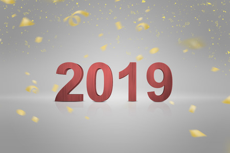 Number of 2019 with flying confetti on gray background. Happy New Year 2019の写真素材