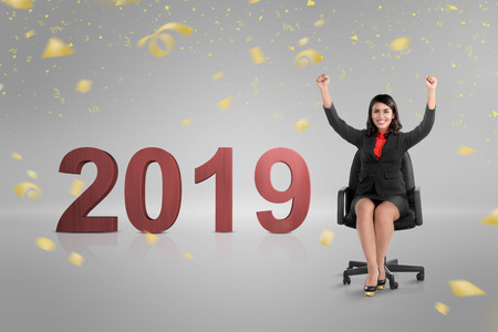 Attractive asian businesswoman with 2019 number for celebrate New Year 2019の写真素材