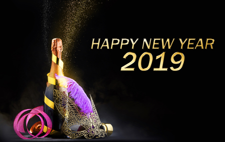 Champagne bottle for new year celebration. Happy New Year 2019の写真素材