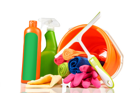 Bucket with cleaning products and tools isolated over white backgroundの写真素材