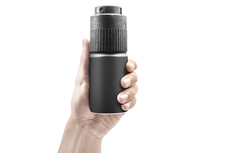 Male hands holding bottle of body spray isolated over white backgroundの写真素材