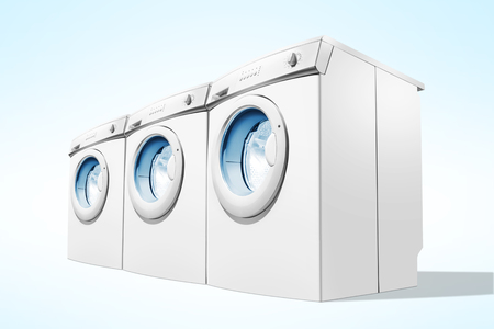 Rows of washing machines over blue background. Domestic applianceの写真素材