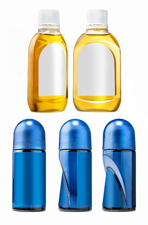 Set of hygiene products bottle and deodorant isolated over white background.  Toiletries collectionの写真素材