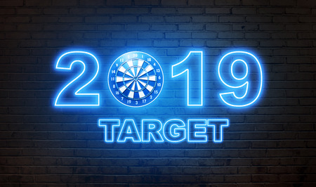 Text of shiny 2019 Target with dartboard on the wall. 2019 Target. Happy New Year 2019の写真素材