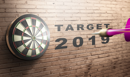 Dart flying to dartboard with target 2019. Target 2019. Happy New Year 2019の写真素材