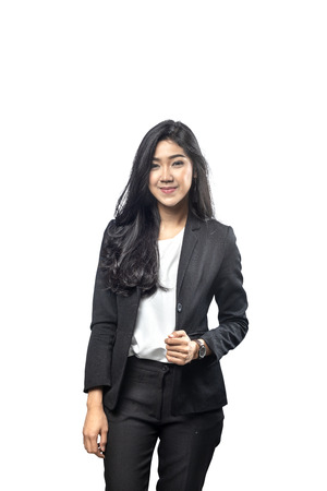 Portrait of asian business woman with formal wear posing isolated over white backgroundの写真素材