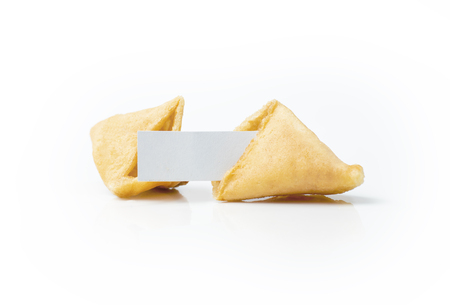 Fortune cookies with blank white paper isolated over white backgroundの写真素材