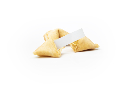 Fortune cookies with blank white paper isolated over white backgroundの写真素材