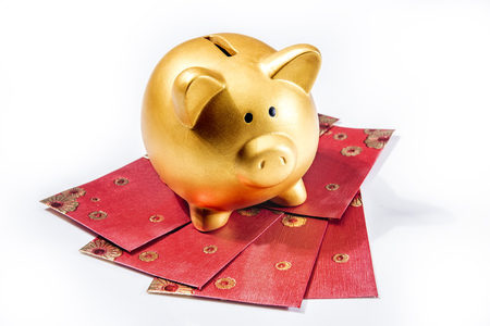 Piggy bank standing on red envelopes isolated over white background. Chinese New Years. Year of the earth pigの写真素材