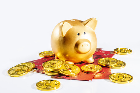 Piggy bank standing on red envelopes with golden coin isolated over white background. Chinese New Years. Year of the earth pigの写真素材