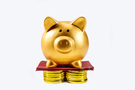 Piggy bank standing on the stack of golden coin and red envelopes isolated over white background. Chinese New Year. Year of the earth pigの写真素材