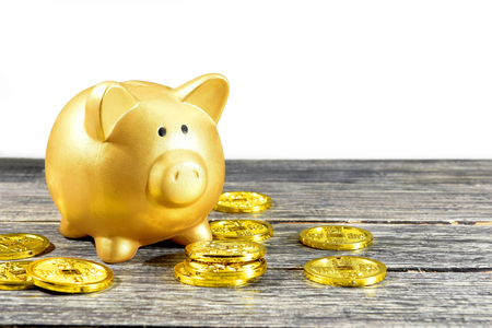 Piggy bank and golden coins on the wooden table. Chinese New Year. Year of the earth pigの写真素材