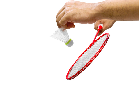 Man hand in badminton serving position isolated over white backgroundの写真素材