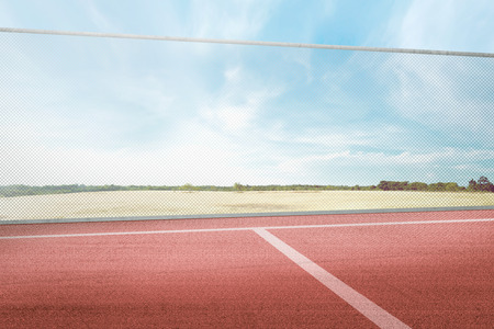 Outdoor basketball court with landscapes backgroundの写真素材