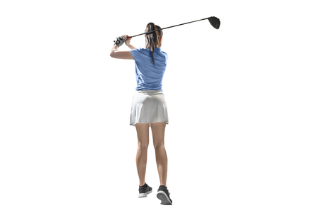 Rear view of asian woman on long drive swing with wood club isolated over white backgroundの写真素材