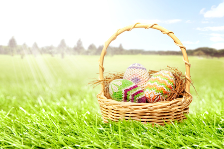 Colorful easter eggs on the nest in wooden basket on the grass field with trees and blue sky background. Happy Easterの写真素材