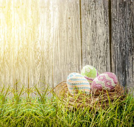Colorful easter eggs in the nest on the green grass with sunlight and wooden fence background. Happy Easterの写真素材