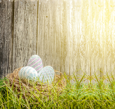 Colorful easter eggs in the nest on the green grass with sunlight and wooden fence background. Happy Easterの写真素材