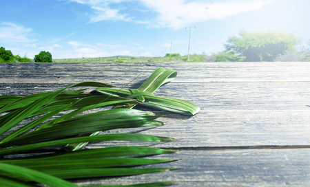 Cross shape of palm leaf and palm branches in wooden table with green field and blue sky background. Palm Sunday conceptの写真素材