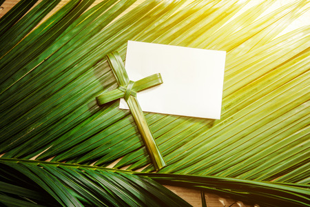 Cross shape of palm leaf on palm branches with white blank paper and ray in wooden background. Palm Sunday conceptの写真素材