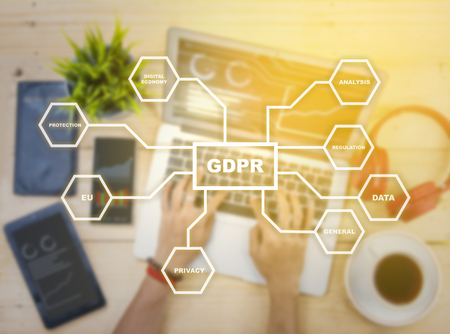 GDPR with protection structure with businessman working using laptop and digital gadget on the desk background. Cyber security and privacy. General Data Protection Regulation (GDPR) conceptの写真素材