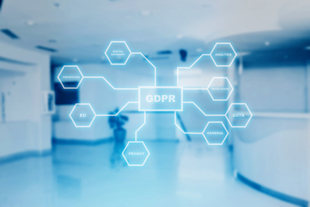 GDPR protection structure on virtual screen with office room background. Cyber security and privacy. General Data Protection Regulation (GDPR) conceptの写真素材