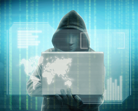 Hacker in black hoodie holding laptop with his hand and virtual screen display the server data,...