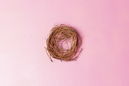 Empty nest over pink color backgroundの写真素材
