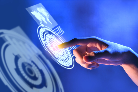 Business finger touching a circle on virtual screen which display the interface of world maps and binary code. Digital technology conceptの写真素材
