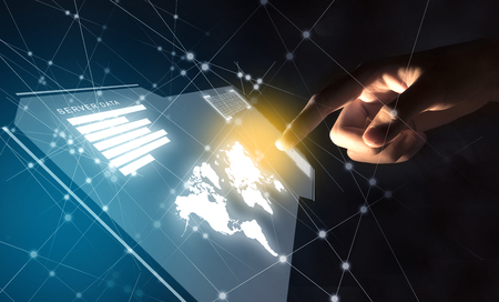 Business finger touching a virtual screen which display the interface of server data, world maps, graph and binary code with internet network background. Digital technology conceptの写真素材