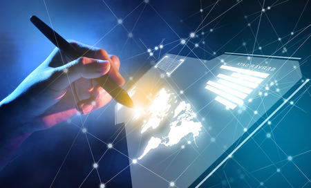 Business hand with markers touching a virtual screen which display the interface of server data, world maps, graph and binary code with internet network background. Digital technology conceptの写真素材