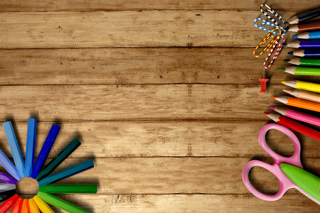 School supplies and stationery on wooden table with copyspace. Back to School conceptの写真素材