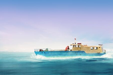Public transport boat sailing on the sea with blue sky backgroundの写真素材