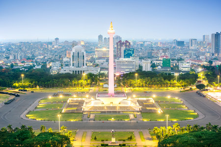 Jakarta city skyline with iconic symbol likes National Monument (Monas) at night. Jakarta, Indonesiaのeditorial素材