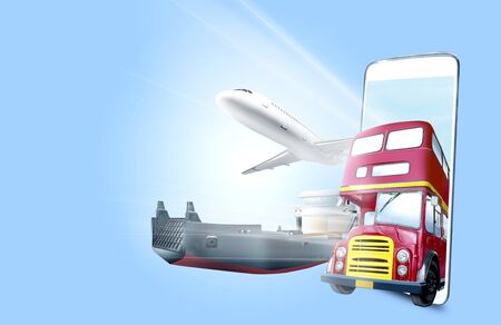 Mobile phone with blue background. From the phone screen comes transportation public to the outside. Traveling conceptの写真素材