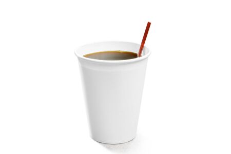 foam cup with hot coffee isolated over white backgroundの写真素材