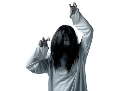 Scary ghost woman with blood and angry face with clawing hands isolated over white background....