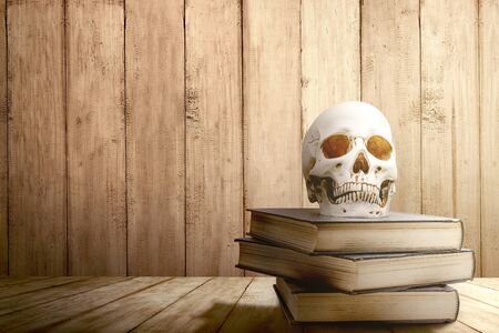 Pile of the book with a human skull on a wooden table with wooden wall backgroundの写真素材