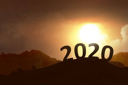 Silhouette of 2020 with a sunset sky background. Happy New Year 2020