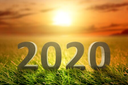 2020 on the green grass with a sunset sky background. Happy New Year 2020