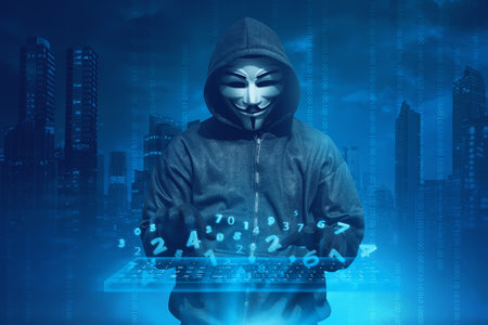 Hooded man with anonymous mask hacking system online security against concept background