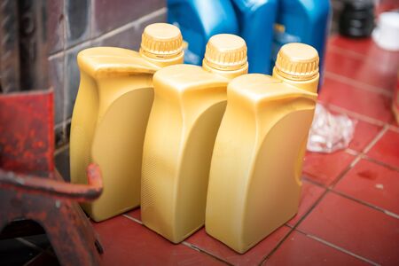 A row of car oil on the garage floorの写真素材