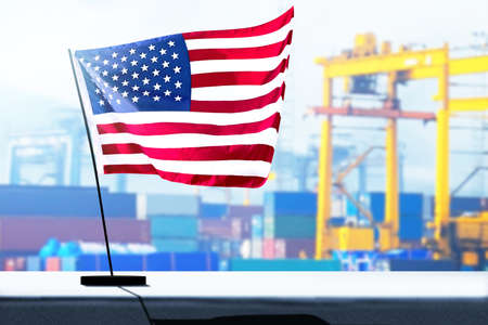 American flag with a seaport background. Happy Labor Day