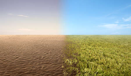 The difference from drought ground and fertile soil on the field. Concept of changing the environmentの写真素材