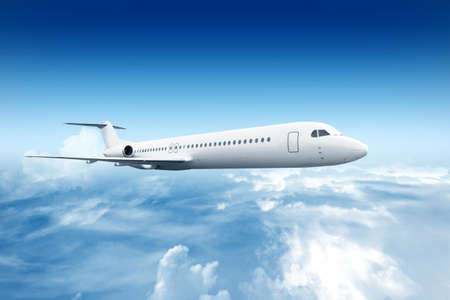 Airplane flying in the air with a blue sky scene