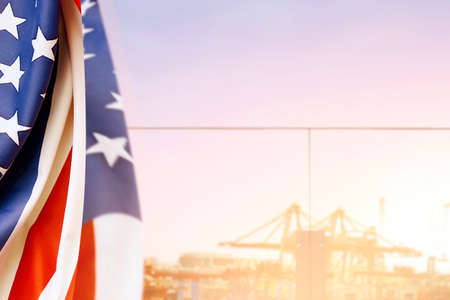 American flag with a seaport background. Happy Labor Dayの写真素材